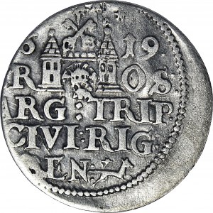 R-, Zygmunt III Waza, Trojak 1619, Ryga, Z LISEM, T.3 mk, rzadki