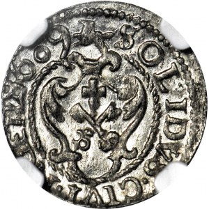 Zygmunt III Waza, Szeląg 1609 Ryga, menniczy, niekatalogowana przebita litery D