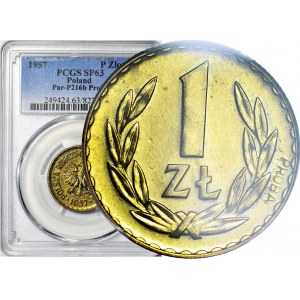 RRR-, 1 złoty 1957 PRÓBA najrzadszej złotówki, MOSIĄDZ, 2 RAZY napis PRÓBA, DESTRUKT