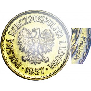 RRR-, 1 złoty 1957 PRÓBA najrzadszej złotówki, MOSIĄDZ, 2 RAZY napis PRÓBA, DESTRUKT