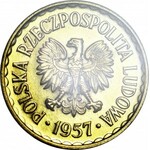 RRR-, 1 złoty 1957 PRÓBA najrzadszej złotówki, MOSIĄDZ, 2 RAZY napis PRÓBA, DESTRUKT