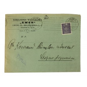 Mail order bookstore EWER Lviv Brajerowska St. L. 3, envelope with address overprint, sent 29.IX.1931