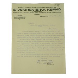 Machine and Pump Factory - reparation workshop of St. Wiórek and Ska, Kepno, letterhead print, dated December 28, 1931.