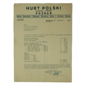 HURT POLSKI właściciel J. Skibiński, okucia budowlane, meblowe, narzędzia, śruby i artykuły żelazne, druk z nagłówkiem firmowym,, 28 kwietnia 1938r.