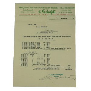 Specjalny Magazyn Garderoby Męskiej dla Chłopców, sukna, podszewki Cz. Czabajski, Poznań ul. Nowa 1, narożnik Szkolnej, druk z firmowym nagłówkiem, datowany 7 września 1936