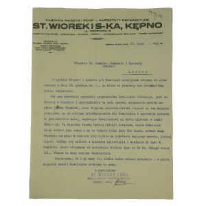 Machine and Pump Factory - Reparation Workshop St. Wiorek and S-ka, KĘPNO 13 Dworcowa St., print with company letterhead , dated May 27, 1932.