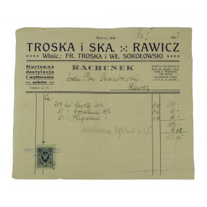 TROSKA i Ska, Hurtowna, destylacja i wytłocznia soków, właści. Fr. Troska i Wł. Sokołowski, druk z nagłówkiem firmowym, datowany 13.I.1927r.