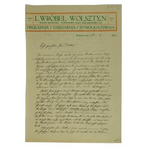 Drukarnia / Księgarnia / Introligatornia L. WRÓBEL Wolsztyn, druk z nagłówkiem firmowym, datowany 19 lipca 1927r.