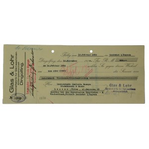 A promissory note issued by Glass &amp; Lohr Spezialfabrik fur Samaschinen to Leszno Machine Headquarters Blaszkowski &amp; Monko, dated February 10, 1930.