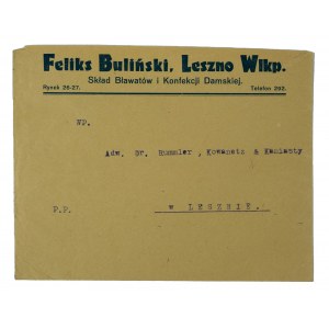 Feliks Bulinski Skład Bławatów i Konfekcji Damskiej, Leszno Wlkp. Market Square 26-27, printed envelope + payment receipt 1931.