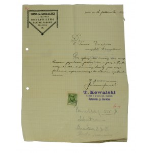 Tomasz Kowalski, Jutrosin, Bau, Dampfsägewerk - Brief [Manuskript] an den Erben des Nachlasses [unleserlich] mit der Bitte um Zahlung ausstehender Beträge, datiert vom 2. Oktober 1929.