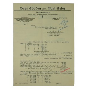 Hugo Chodan vorm. Paul Seler Landmaschinen, Poznań correspondence on a letterhead to the owner of the Jablonna estate, Kaczkowo post office, Leszno county, dated 16.11.1929.