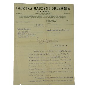 Fabryka Maszyn i Odlewnia w Lesznie, druk z nagłówkiem firmowym datowany 22 września 1930r.