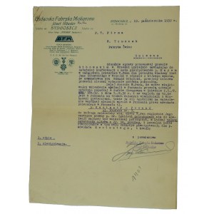 Bydgoska Fabryka Makaronu Józef Häusler, Korrespondenz auf Druck mit Firmenfuß in der Überschrift, Autogramm des Fabrikbesitzers, Dokument vom 19. Oktober 1932.
