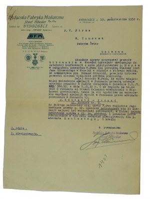 Bydgoska Fabryka Makaronu Józef Häusler, korespondencja na druku z firmową stopką w nagłówku, autograf właściciela fabryki, dokument datowany 19 października 1932r.