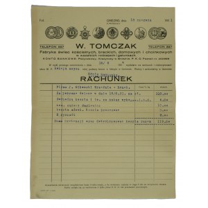 W. TOMCZAK Fabrik für Kirchen-, Bruderschafts-, Haushalts- und Weihnachtsbaumkerzen in allen Arten und Sorten GNIEZNO ul. Mickiewicza 5 - Druck mit Briefkopf, Korrespondenz vom 18. Juni 1931.