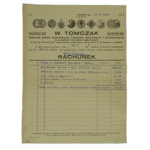 W. TOMCZAK Factory of church, friar, household and Christmas tree candles in all types and grades GNIEZNO 5 Mickiewicza St. - print with letterhead, correspondence dated June 18, 1931.