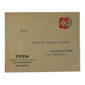 TUEG Fahrradteilefabrik Danzig - envelope with company imprint + printing of payment order against Hotel BRISTOL in Leszno