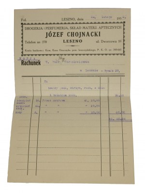 Józef Chojnacki LESZNO Drogeria i perfumeria, skład materiałów aptecznych - rachunek + nakaz zapłaty + in blanco plenipotencja + koperta