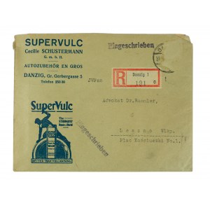 SUPERVULC Cecille Schustermann G.m.b.H., Danzig Gr. Gerbergasse 5 - envelope with company imprint + correspondence [copies of judgments, plenipotence].