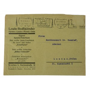 Louis Bodlaender farbe, lacke, pinsel, oele, BRESLAU [Wrocław] Gartenstrasse 19 - koperta z nadrukiem firmowym