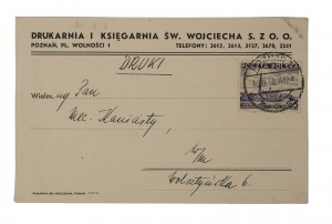 Drukarnia i księgarnia św. Wojciecha S. Z O.O., Poznań Plac Wolności 1 - karta pocztowa z informacja o rezerwacji Dziennika Ustaw, 1938r.