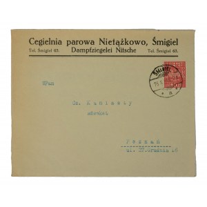 Cegielnia Parowa Nietążkowo, ŚMIGIEL - koperta z nadrukiem firmowym, obieg pocztowy
