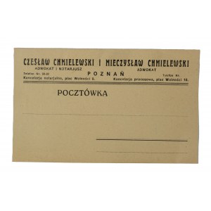 Czesław Chmielewski und Mieczysław Chmielewski, Rechtsanwalt und Notar, Poznań Plac Wolności 9-10 - Postkarte mit Werbedruck und Briefwechsel, 1930.