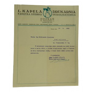 L. KAPELA Stempelfabrik, Druckerei, Buchbinderei, Poznań u. Wrocławska 18 - Druck mit Briefkopf, 1932.