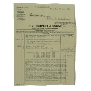 J. WEIPERT &amp; Söhne Maschinenfabrik und Eisenglesserei, WROCŁAW - bill for the owner of the NIEDŹWIADY estate, Jaraczewo county, 23.VI.1930.
