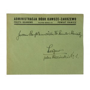 Administracja Dóbr KAWCZE - Zakrzewo, poczta BOJANOWO, powiat RAWICZ - koperta z nadrukiem
