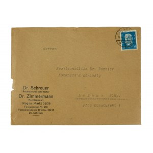 Dr. Schreuer lawyer and notary and Dr. Zimmermanm, lawyer GŁOGÓW Rynek 35/36 - envelope with company imprint and resolution of the People's Bank in Leszno