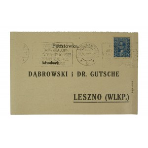 Adwokaci Dąbrowski i dr Gutsche, LESZNO (Wlkp.) - pocztówka z nadrukiem firmowym i drukiem zastępstwa