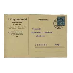 J. Krzyżanowski Eksport drewna POZNAŃ św. Marcin 39 - pocztówka z nadrukiem