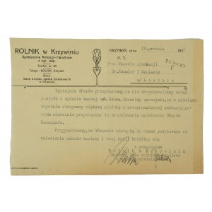 Farmer in Krzywin Agricultural and Trading Cooperative with limited liability. - correspondence with a letterhead