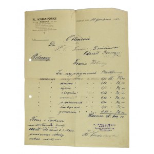 K. Andzinski Purchase and sale of all kinds of bottles and broken glass, Poznań Rynek Łazarski 10 - bill and correspondence with debtor