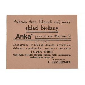 Zestaw 7 sztuk reklam / ulotek Skład bielizny ANKA, Poznań św. Marcin 61