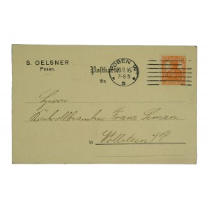 S. Oelsner Posen [Poznań] General Agentur der Mecklenburgischen Lebensversicherungs Bank - pocztówka z drukiem zawiadomienia, 20.9.1916r.