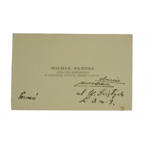 Michal Famula architect, builder, former head of the State Construction Office - business card with correspondence [manuscript].