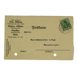 Otto Kühne Rechtsanwalt und Notar, Walter Kühne, Pfeiffer Rechtsanwälte, Glatz [Klodzko] - Postkarte mit Briefwechsel, 23.8.1915.