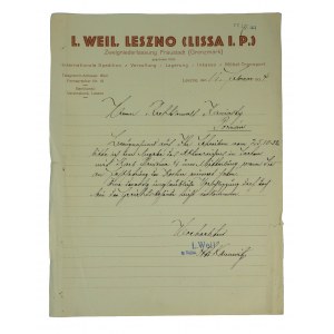 L. Weil, LESZNO [Lissa i. P.] Zweigstelle Wschowa [Fraustadt] - Briefwechsel auf Briefpapier, 17. Februar 1934.