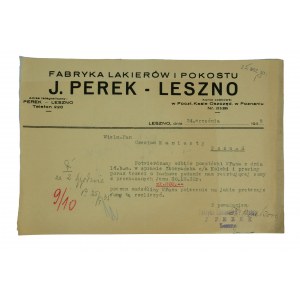 Fabryka Lakierów i Pokostu J. PEREK - LESZNO, 24 września 1935r. - korespondencja na druku z nagłówkiem reklamowym