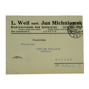 L. Weil następca Jan Michniewski Międzynarodowy Dom Spedycyjny, LESZNO Plac Kościuszki 2 - pocztówka z nagłówkiem reklamowym 23.5.1936r.