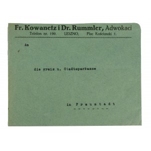 Fr. Kowanetz i dr. Rummler, adwokaci LESZNO Plac Kościuszki 1 - koperta z nagłówkiem reklamowym