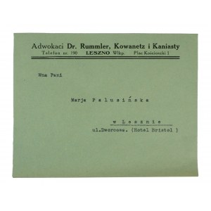 Adwokaci dr. Rummler, Kowanetz i Kaniasty, LESZNO Plac Kościuszki 1 - koperta z nagłówkiem reklamowym
