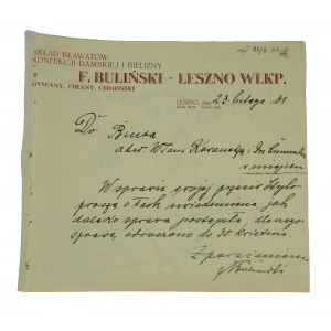 F. Bulinskis Lagerhaus, Damen-Süßwaren und Dessous. Buliński LESZNO WLKP., Teppiche, Vorhänge und Vorleger - Druck mit Werbeschlagzeile, 23. Februar 1931.
