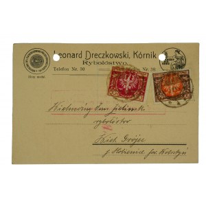 Leonard Dreczkowski Rybołóstwo, KÓRNIK - kartka pocztowa z nagłówkiem reklamowym, 11.III.1923r.