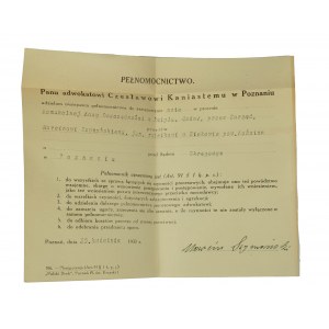Pełnomocnictwo udzielone adwokatowi Czesławowi Kaniastemu w Poznaniu, 25 kwietnia 1933r.