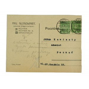 Majątek GŁOGOWINIEC powiat Wągrowiecki, pocztówka z korespondencją i nagłówkiem majątku, obieg pocztowy