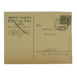 Adwokat i notariusz RÓŻALSKI, Kcynia Rynek nr 17, korespondencja na karcie pocztowej z nagłówkiem adwokata